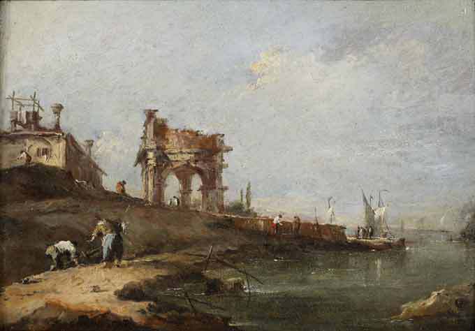 Charles Beddington Ltd. Francesco Guardi (1712-Venice-1792) A Capriccio of a ruined Classical Portico and a Villa by the Venetian Lagoon