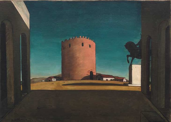 Giorgio De Chirico La Tour Rouge, 1913 Huile sur toile 73,5 x 100,5 cm Venise, Peggy Guggenheim collection © Adagp, Paris 2024