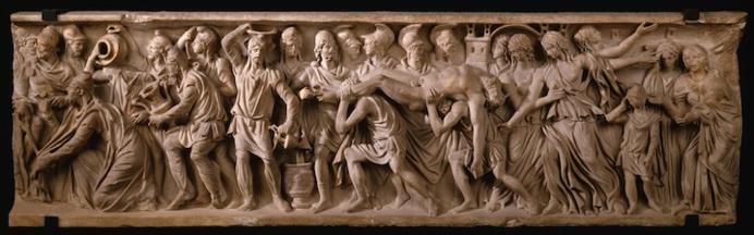 Sarcophage, face principale : rachat du corps d’Hector et ambassade de Priam chez Achille. Vers 190/200 ap. J.-C. @ Paris, musée du Louvre