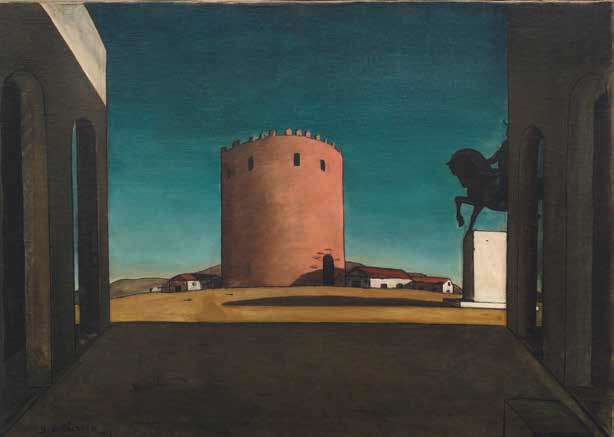 Giorgio De CHIRICO La Tour Rouge, 1913 Huile sur toile 73,5 x 100,5 cm Venise, Peggy Guggenheim collection © ADAGP, Paris 2024