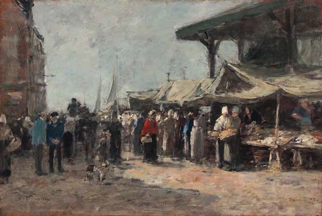 Eugène BOUDIN La Poissonnerie de Trouville, 1875 Huile sur bois, 24 x 36 cm Giverny, musée des impressionnismes Don Christophe et Teresa Karvelis-Senn, 2023