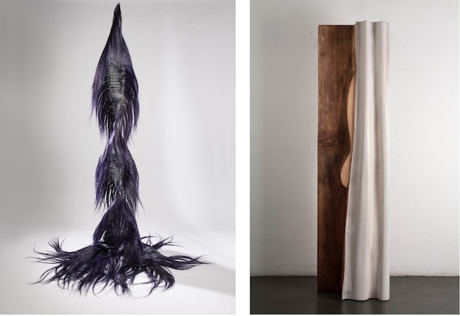 Ulrika Liljedahl, Présence Black Purple, 2021, scultpture en crin de cheval, pièce unique/ Mauro Mori, Derrière le rideau, 2011, bois d'albizia, pièce unique