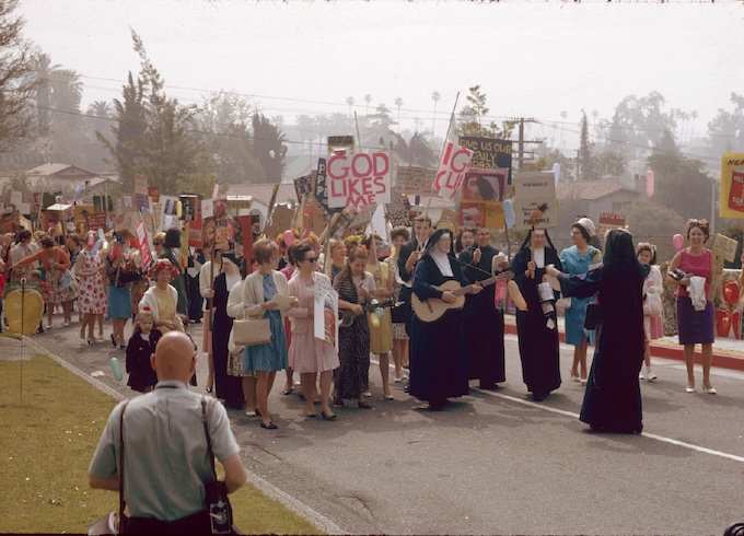 Procession uphill, Mary's Day, May 1964, 35mm slide,  © 2024,  Corita Art Center, corita.org