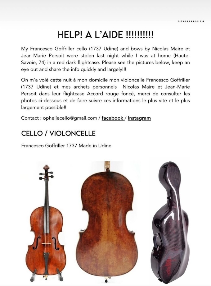 Appel de la violoncelliste Ophélie Gaillard suite au vol de son violoncelle et de ses archets