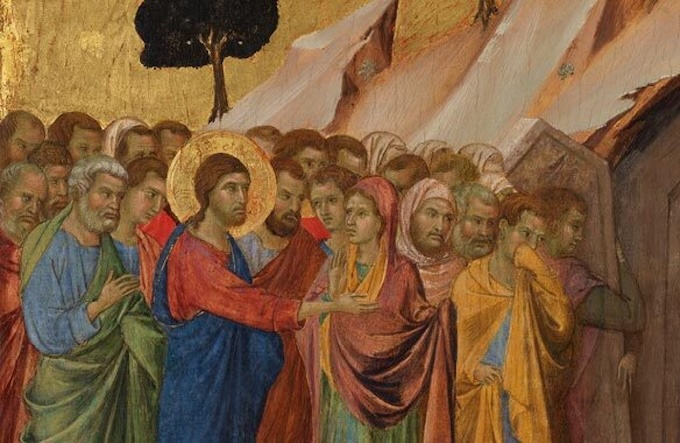 Duccio di Buoninsegna, The Raising of Lazarus (detail), 1310–11. Tempera and gold on panel. Kimbell Art Museum, 1975