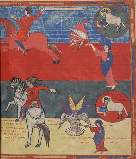 Beatus de Saint-Sever Les Quatre cavaliers de l’Apocalypse (détail) Gascogne (Saint-Sever), 3e quart du XIe siècle (avant 1072) Manuscrit peint sur parchemin BnF, département des Manuscrits