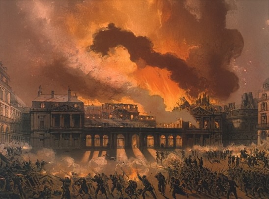 24 mai 1871. Incendie du palais des Tuileries durant la « Semaine Sanglante » (21-28 mai 1871). Lithographie de Léon Sabatier et Albert Adam pour Paris et ses ruines (1873) © Getty