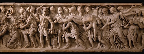 Sarcophage, face principale : rachat du corps d’Hector et ambassade de Priam chez Achille. Vers 190/200 ap. J.-C. @ Paris, musée du Louvre