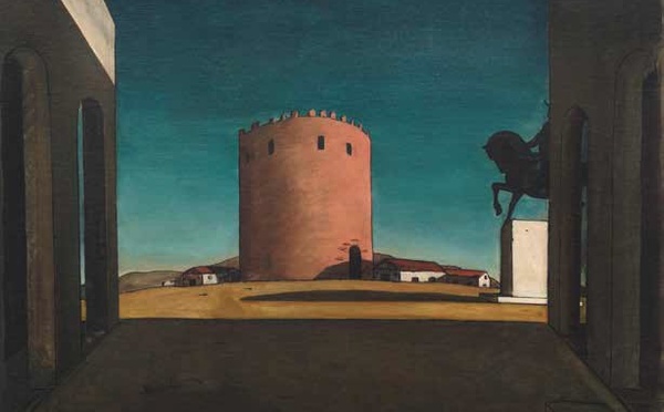 Giorgio De CHIRICO La Tour Rouge, 1913 Huile sur toile 73,5 x 100,5 cm Venise, Peggy Guggenheim collection © ADAGP, Paris 2024