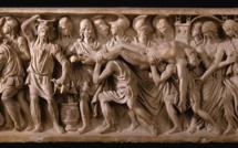 Sarcophage, face principale : rachat du corps d’Hector et ambassade de Priam chez Achille. Vers 190/200 ap. J.-C. @ Paris, musée du Louvre